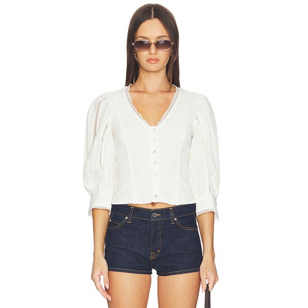 "Free People x REVOLVE summer lace blouse in lightweight cotton-linen rib jersey with front button closure and cropped semi-sheer fit"