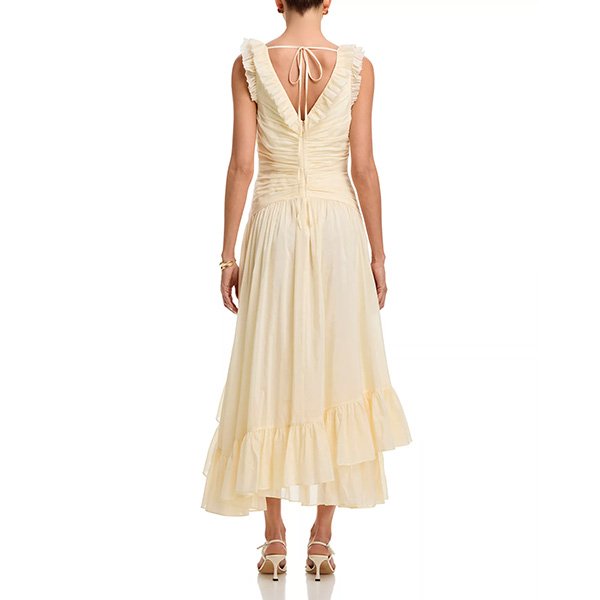 Cinq à Sept ruffled dress in Gardenia with high-low hem and cotton-silk fabric
