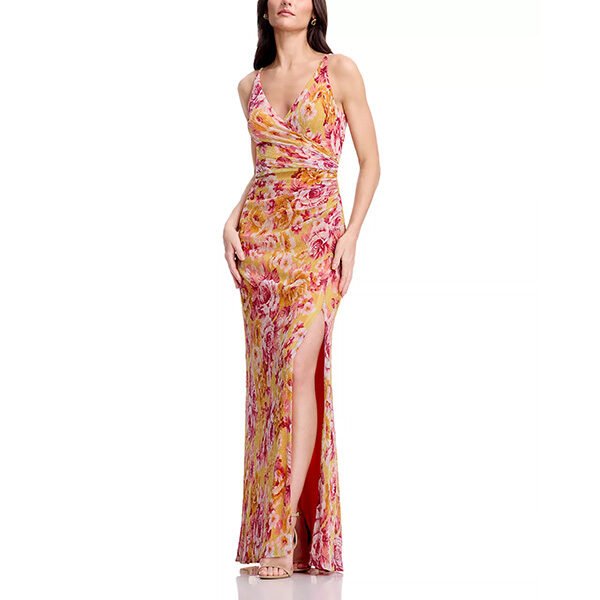 Dress the Population Jayden maxi dress in golden haze with metallic floral print and mermaid silhouette