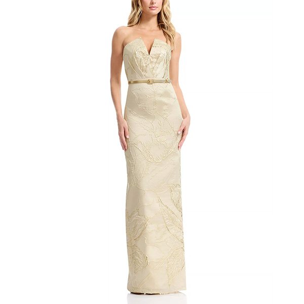 Dress the Population Kahlani gown in champagne with buckled belt and textured floral design