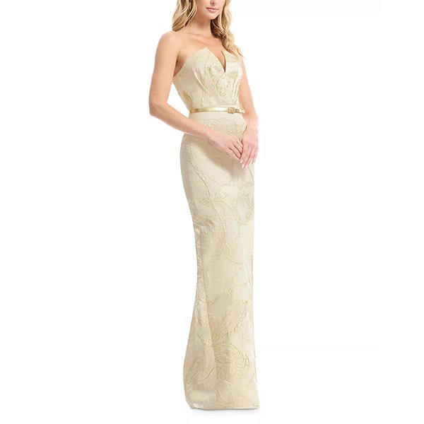 Dress the Population Kahlani gown in champagne with buckled belt and textured floral design