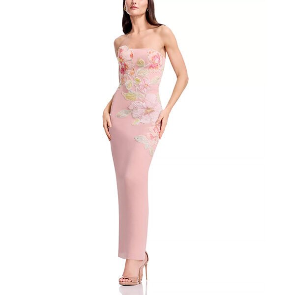 Dress the Population Viviana strapless dress in blush multi with floral beading and bodycon silhouette