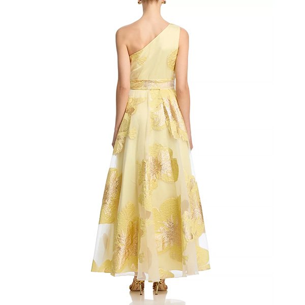 Eliza J asymmetrical dress in yellow with metallic floral overlay