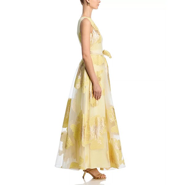 Eliza J asymmetrical dress in yellow with metallic floral overlay
