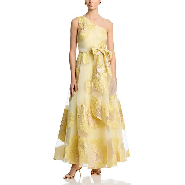 Eliza J asymmetrical dress in yellow with metallic floral overlay