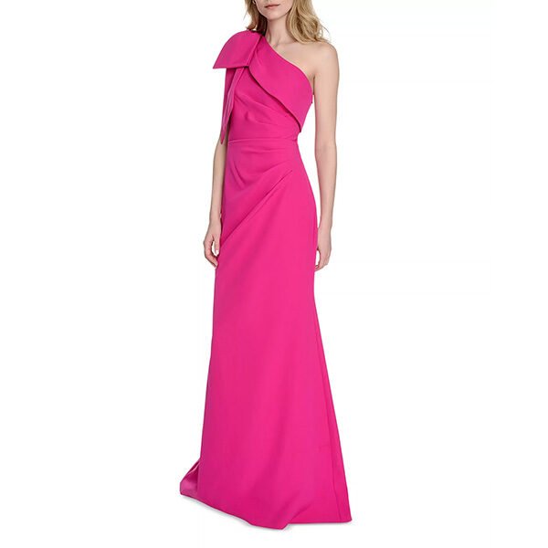 Eliza J one shoulder bow gown in magenta with oversized bow and asymmetric neckline