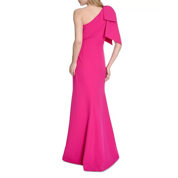 Eliza J one shoulder bow gown in magenta with oversized bow and asymmetric neckline