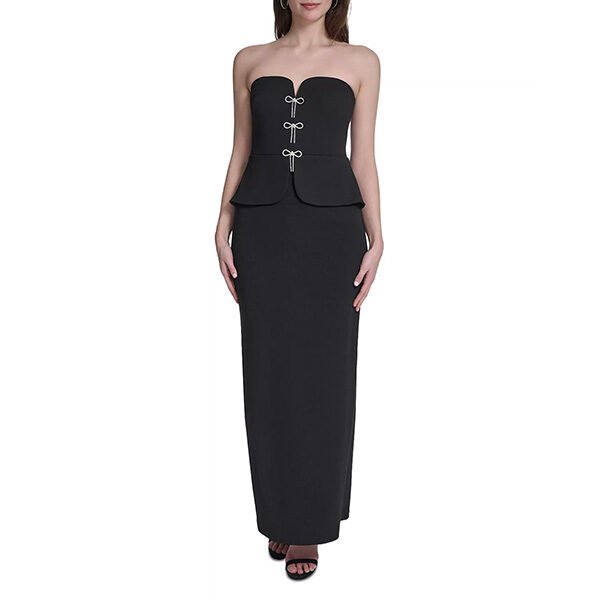 Eliza J peplum column gown in black with embellished bow and sweetheart neckline