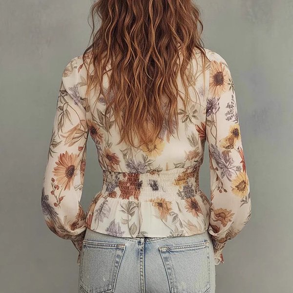 Floral chiffon blouse for women with v-neck, long sleeves and side slit detail