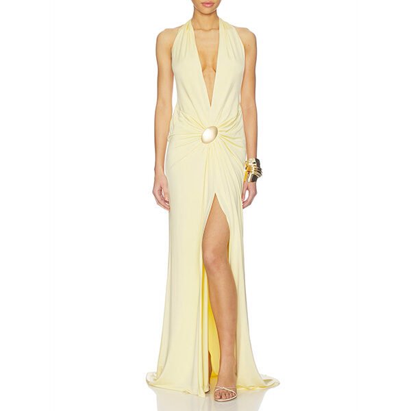 Plunging halter gown with gathered waist and high slit