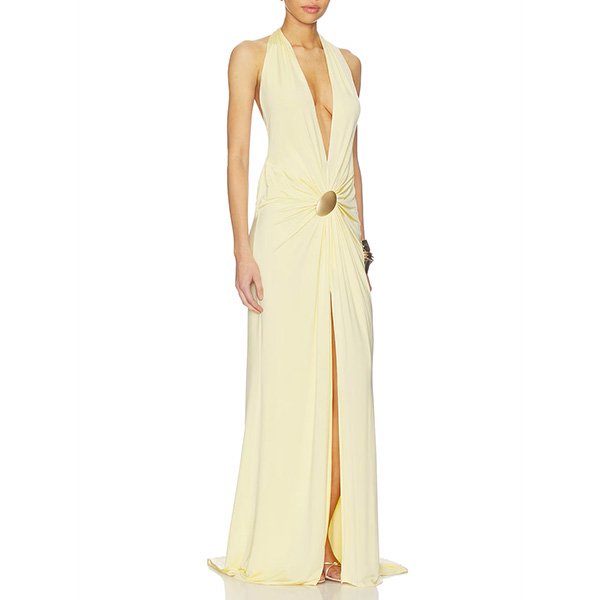 Plunging halter gown with gathered waist and high slit