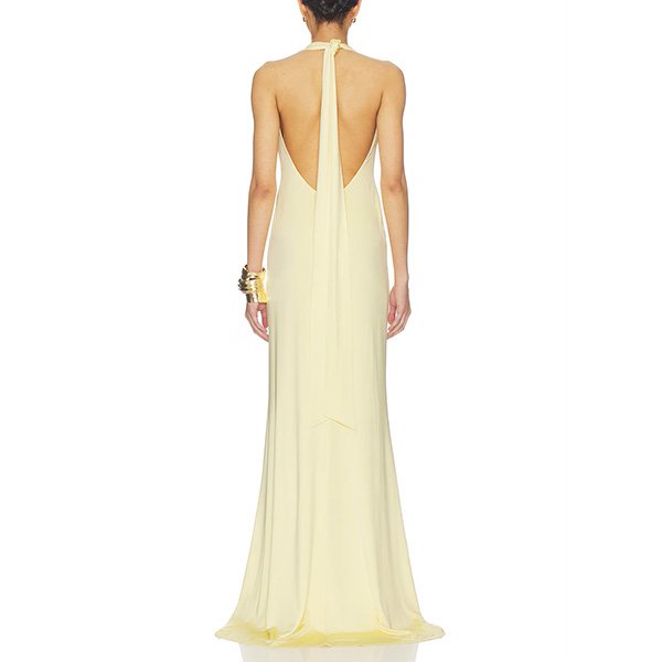 Plunging halter gown with gathered waist and high slit