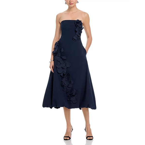 Ramy Brook Zaria midi dress in navy with tonal 3D appliqués and bubble hem
