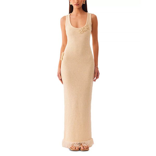 SNDYS Monroe maxi dress in champagne with sequin floral accents and fringed hem