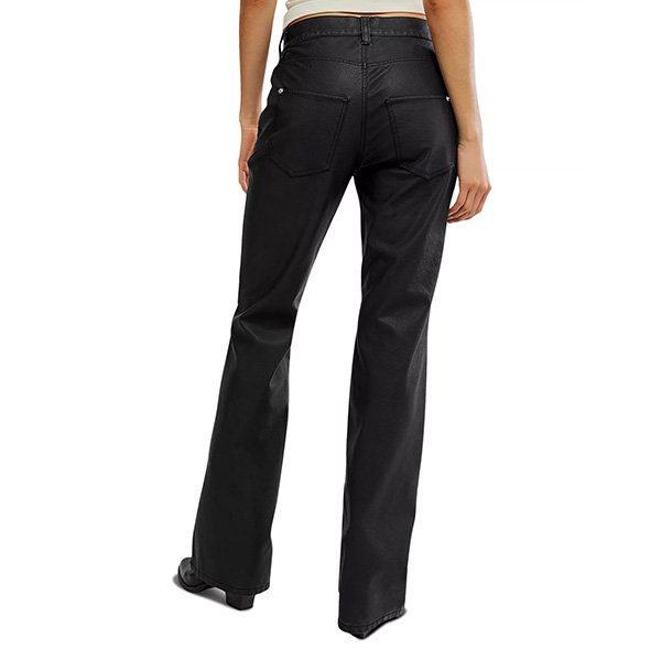Black faux leather straight pants back view showing back pockets and straight fit