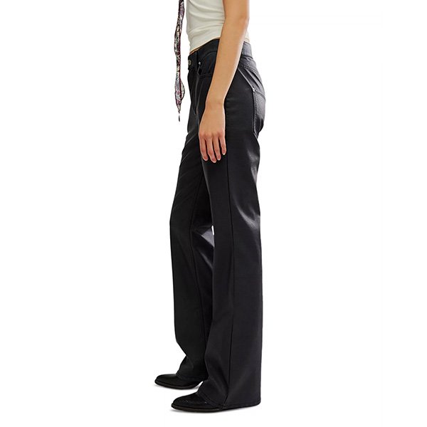 Black faux leather straight pants side view showing straight leg silhouette and belt loops