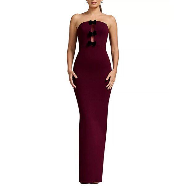 Dark cherry strapless bow gown front view showing three black velvet bows on sheer inset