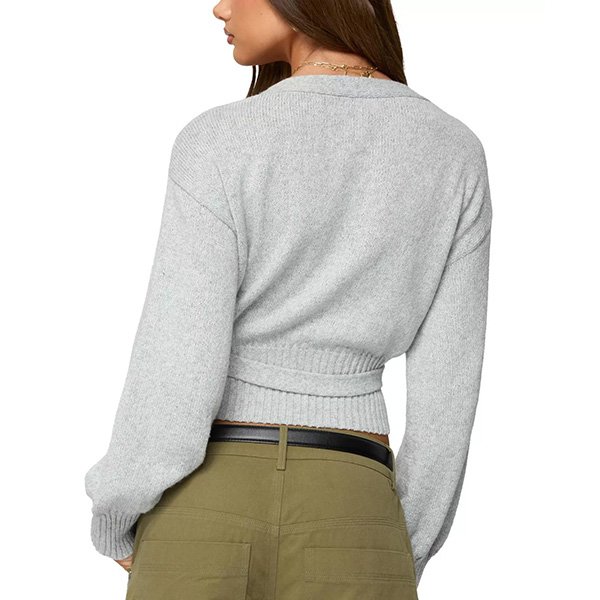 Gray wrap cardigan back view showing cropped length and ribbed cuffs
