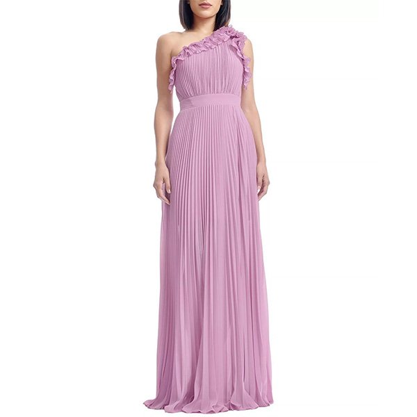 Lavender purple one shoulder gown showing sunburst pleating with romantic ruffle neckline