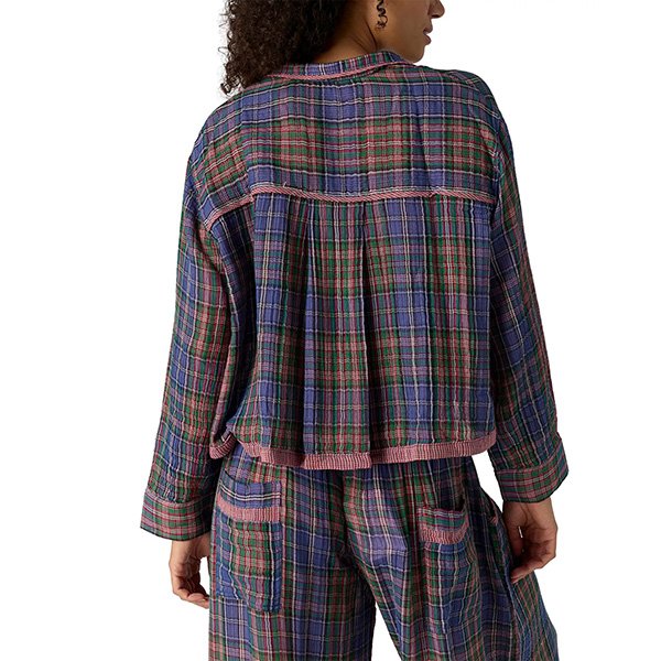 Midnight plaid pajama set back view showing wide leg silhouette