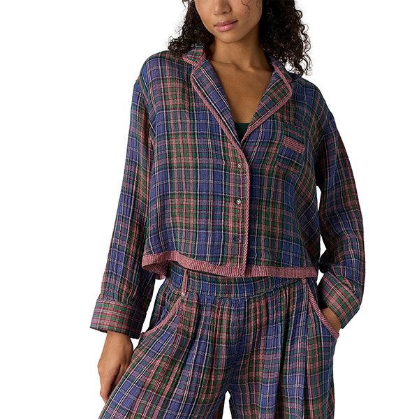 Midnight plaid pajama set front view showing cotton fabric and pockets