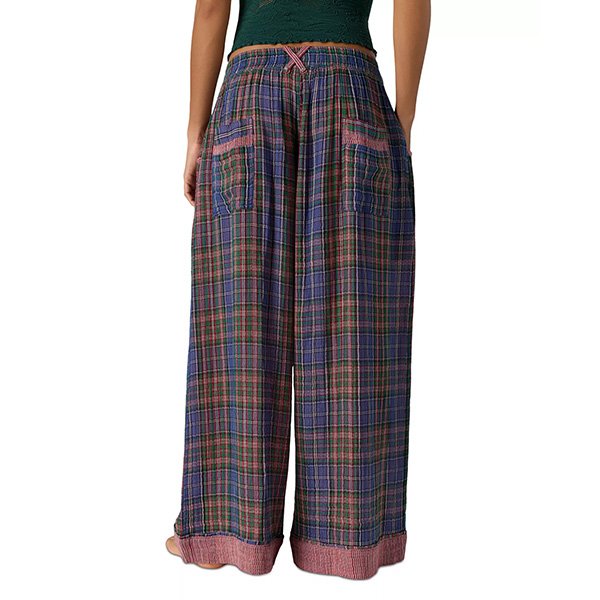 Midnight plaid wide leg pajama pants back view showing elastic waist and pockets