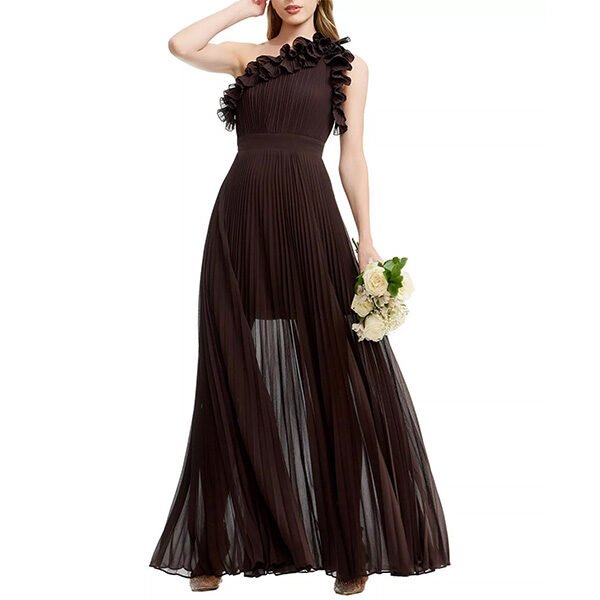 Mocha brown one shoulder gown showing sunburst pleating with ruffle detail and floor-length design