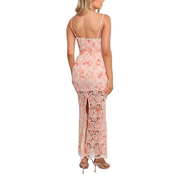 Peach floral lace maxi dress back view showing invisible zipper and scalloped hem
