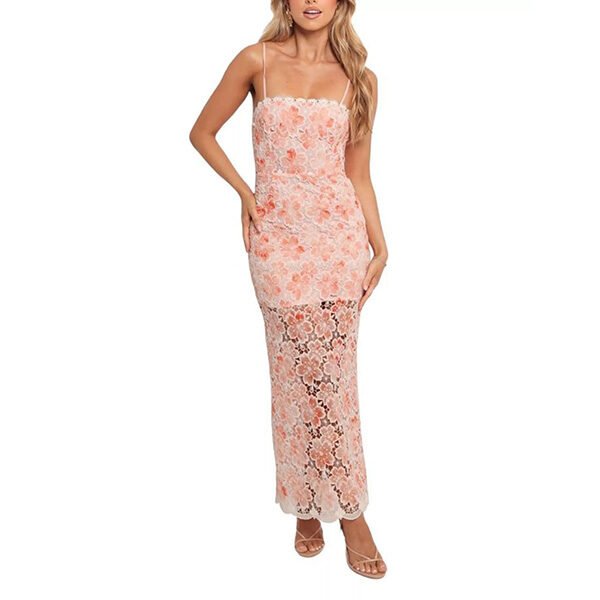 Peach floral lace maxi dress front view showing spaghetti straps and fitted silhouette