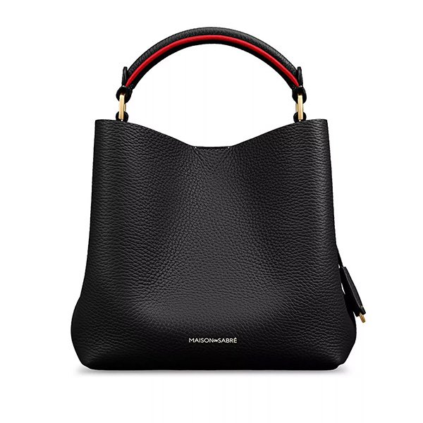 Rouge Noir mini bucket bag showing black leather with red contrast handle and magnetic closure