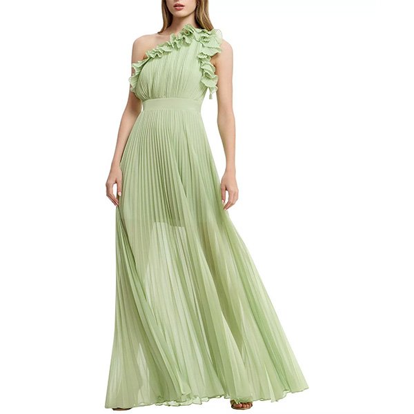 Sage green one shoulder gown showing pleated chiffon with ruffle neckline and fit flare silhouette