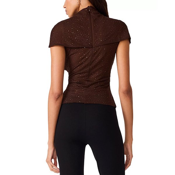 STEVE MADDEN ruched mock neck top dark toffee back view showing back zip