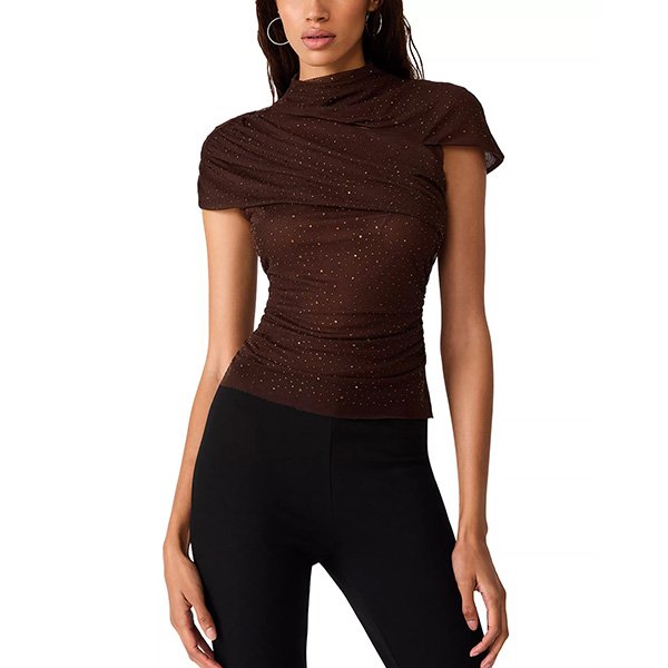 STEVE MADDEN ruched mock neck top dark toffee front view with allover glitter