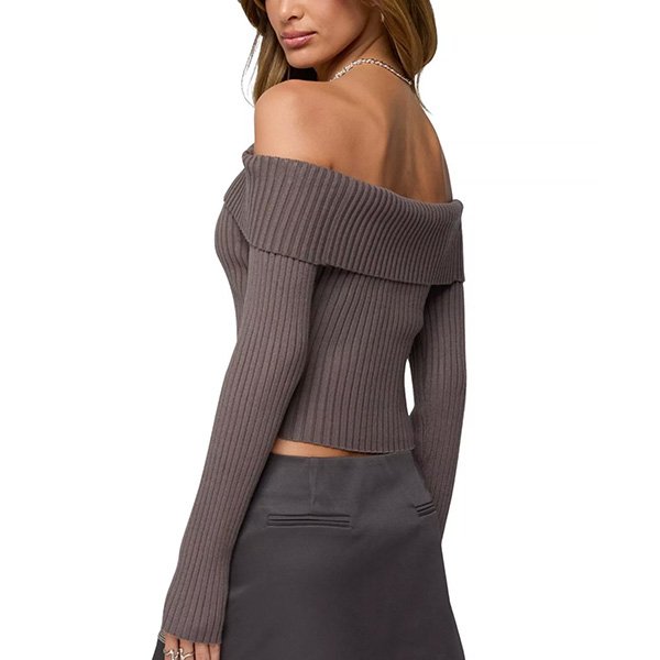 Taupe off shoulder top back view showing fold over neckline and ribbed knit