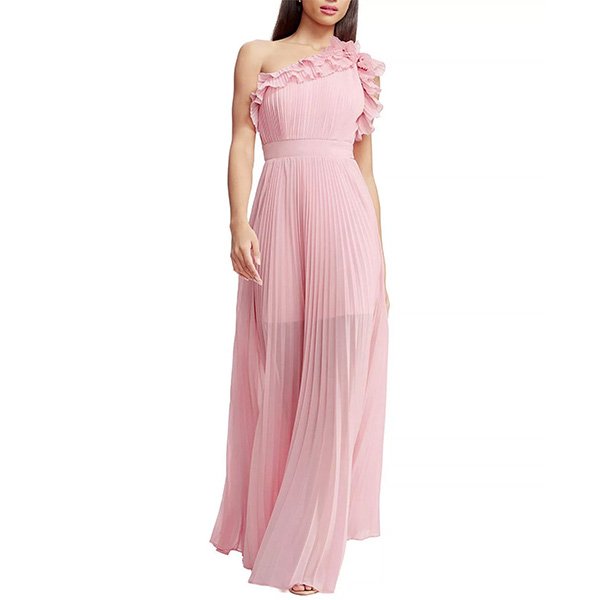 Vintage Pink one shoulder gown showing pleated chiffon with ruffle detail and floor-length elegance