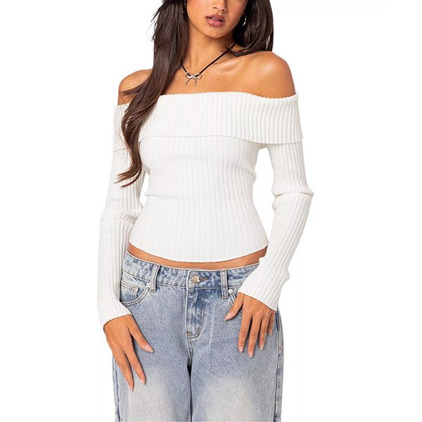 White off shoulder top front view showing ribbed knit texture