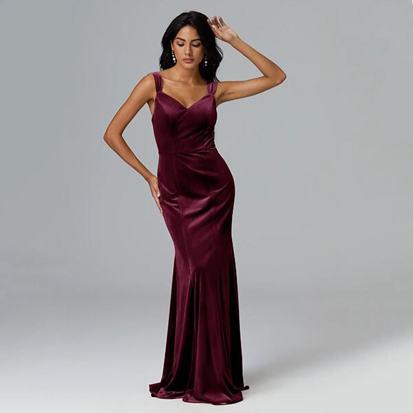 AW Rhonda burgundy velvet mermaid dress with V-neck and built-in bra