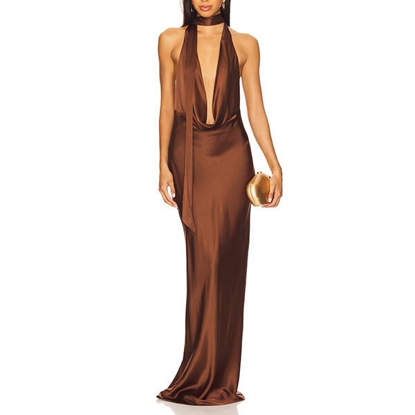 Halterneck maxi gown with deep plunging neckline and draped cowl detail