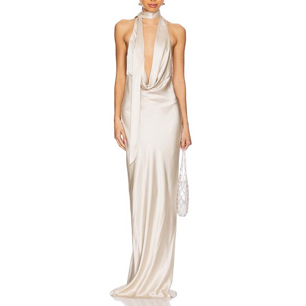 Halterneck maxi gown with deep plunging neckline and draped cowl detail