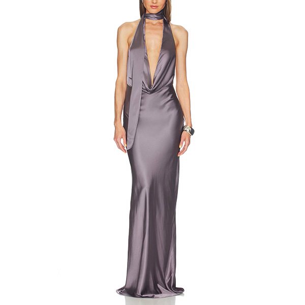 Halterneck maxi gown with deep plunging neckline and draped cowl detail
