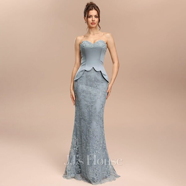 JJ's House Elaria dress in dusty blue with lace appliques and convertible overskirt