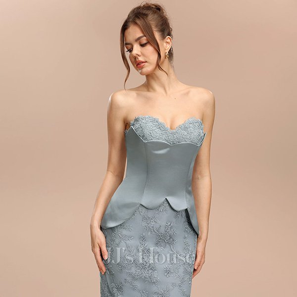 JJ's House Elaria dress in dusty blue with lace appliques and convertible overskirt