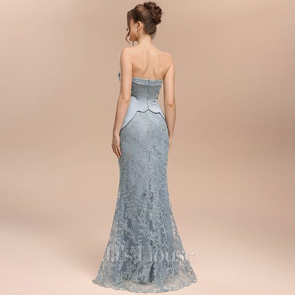JJ's House Elaria dress in dusty blue with lace appliques and convertible overskirt