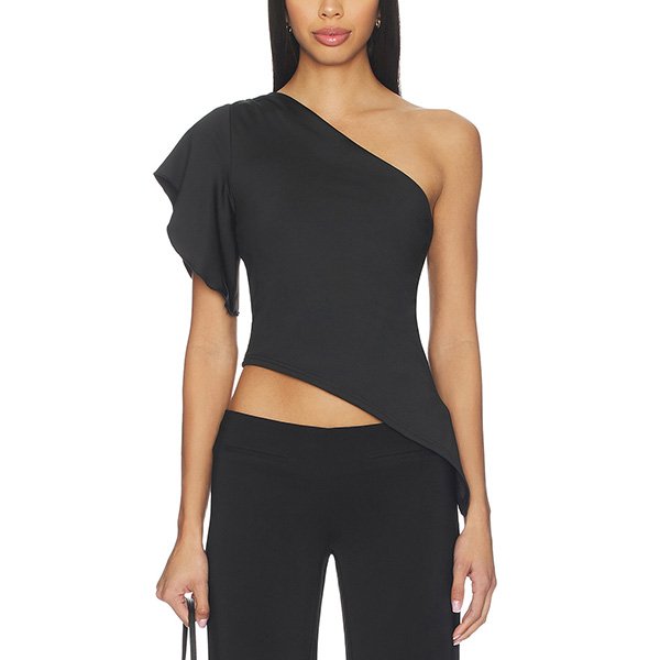 Asymmetric Top Marlene black flutter sleeve with pointed asymmetric hem by superdown