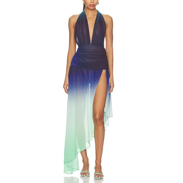 Backless Maxi Dress Sargun plunging V neckline ombre georgette front view by NBD