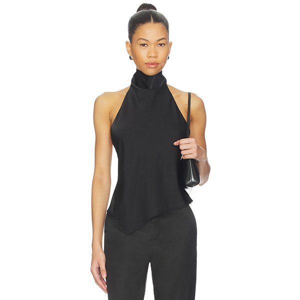 Backless Top Wendy black high neck satin with point hem front view by ALL THE WAYS