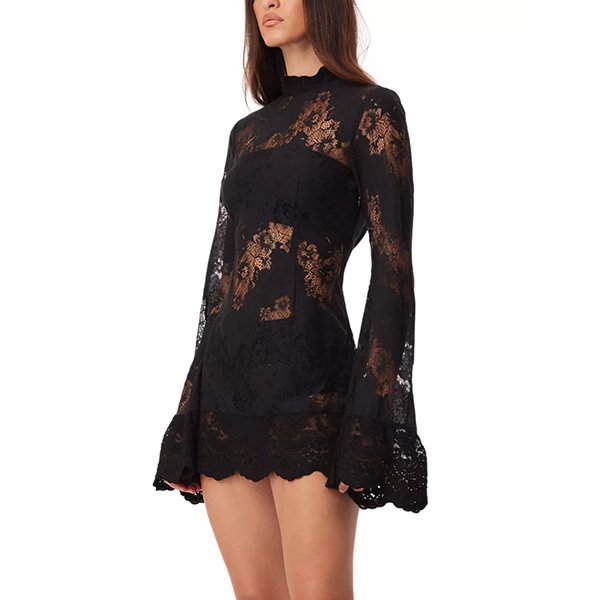 Black Lace Dress SNDYS Astra side view with allover floral lace and bell sleeves