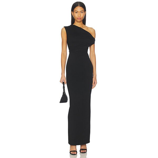 Bodycon Maxi Dress Alessia black asymmetric twist front floor length by superdown
