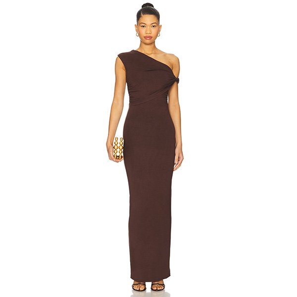 Bodycon Maxi Dress Alessia brown one shoulder jersey gown by superdown