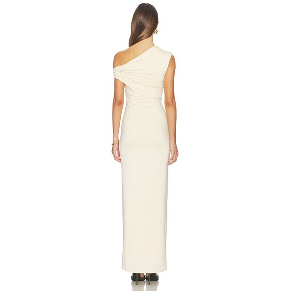 Bodycon Maxi Dress Alessia cream back view with ruched one shoulder bodice by superdown